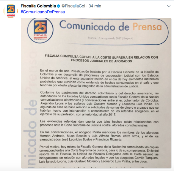 Comunicado de prensa de la Fiscalía General de la Nación.