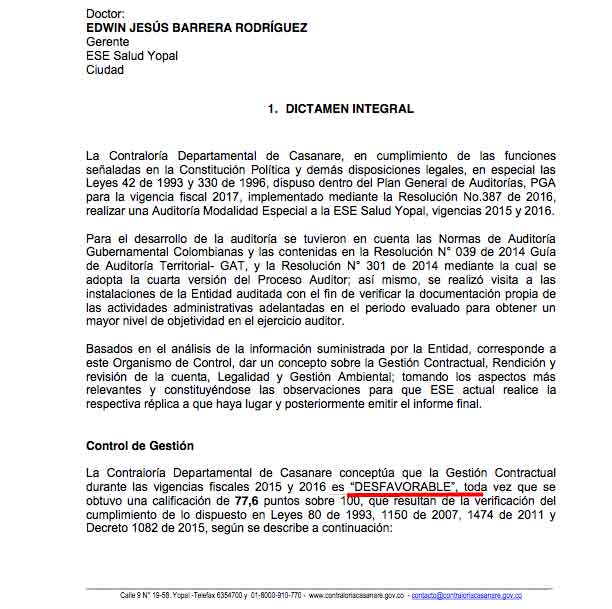 Calificación de la Contraloría de Casanare /