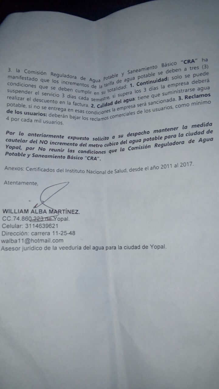 Carta enviada al Tribunal Administrativo de Casanare/