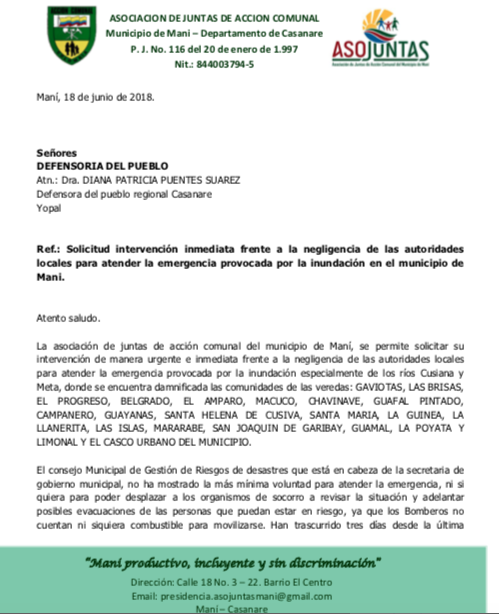 Carta enviada a la Defensoria del Pueblo.