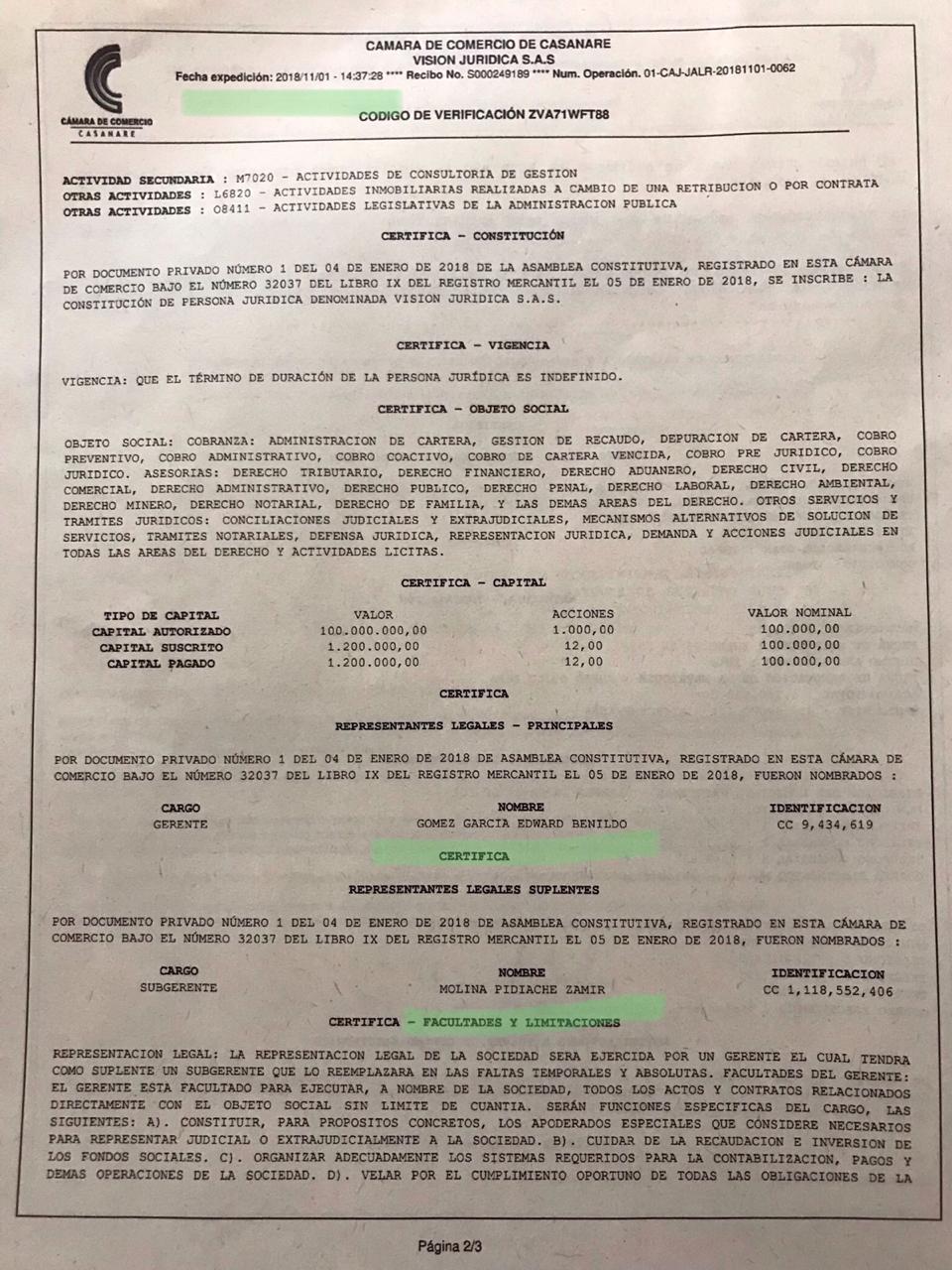 Certificado Cámara de Comercio.