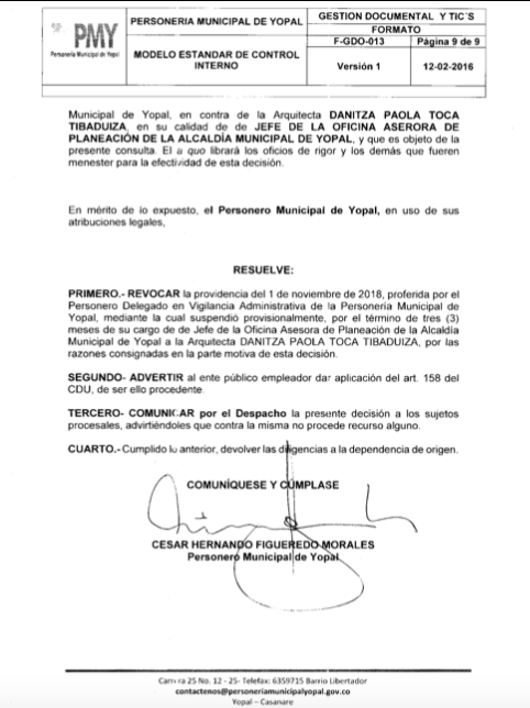 Decisión del Personero de Yopal.