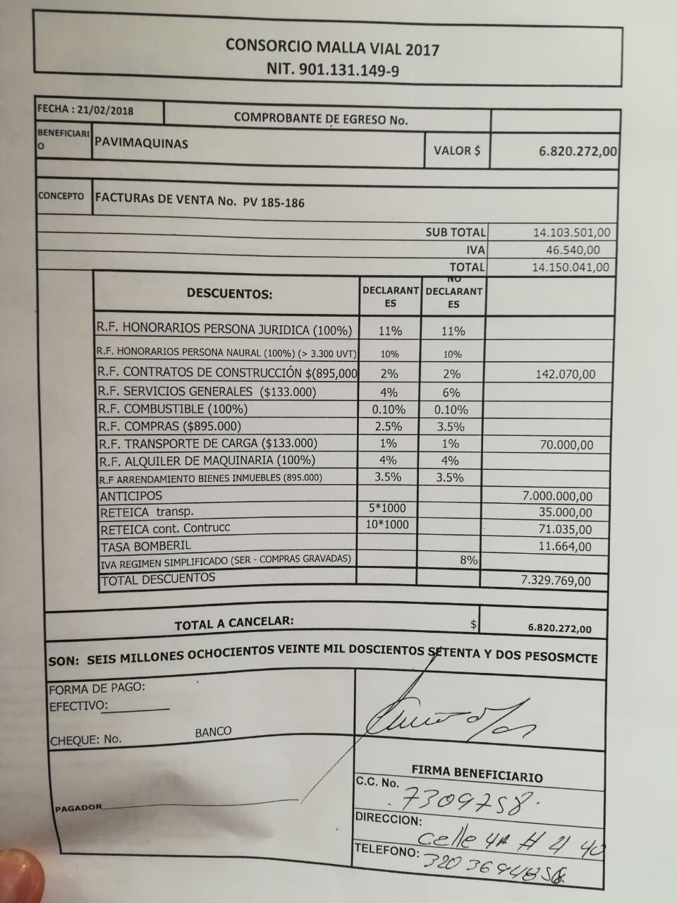 Comprobante de Egreso del Consorcio a empresa Pavimaquinas.