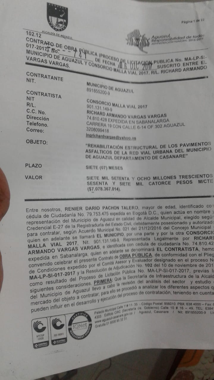 Contrato Alcaldía de Aguazul y Consorcio que pavimentó vías.