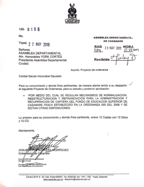 Radicado del proyecto de ordenanza.